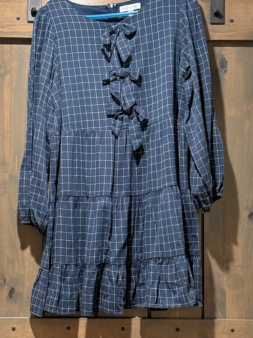 She + Sky Navy Windowpane Bow-Tie Tiered Dress